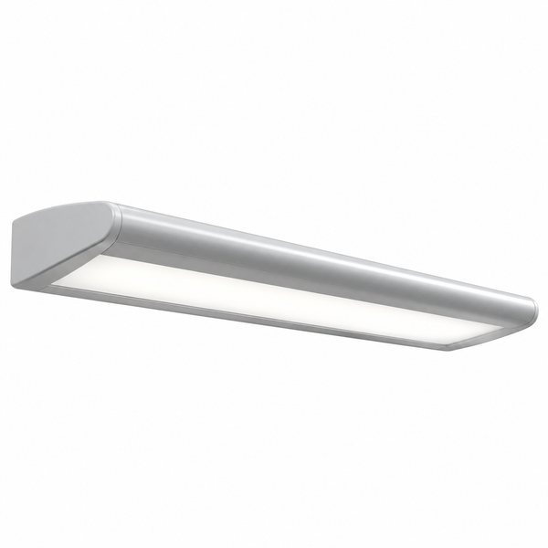 A modern linear LED light fixture with a sleek, rectangular silver housing and a glowing white light panel, shown against a plain white background.