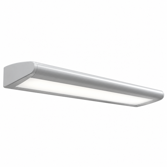 A modern linear LED light fixture with a sleek, rectangular silver housing and a glowing white light panel, shown against a plain white background.